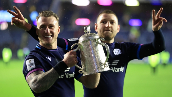 Stuart Hogg and Finn Russell celebrate victory in the Calcutta Cup for the second year running