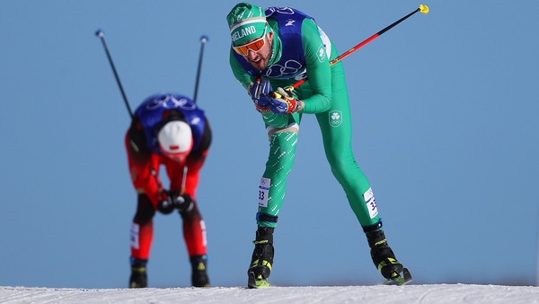 Thomas Maloney Westgaard of Team Ireland competes during the Men's Cross-Country Skiing 15km + 15km Skiathlon