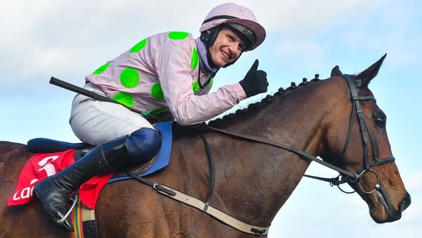 Paul Townend celebrates after winning the Ladbrokes Dublin Steeplechase on Chacun Pour Soi at Leopardstown last February