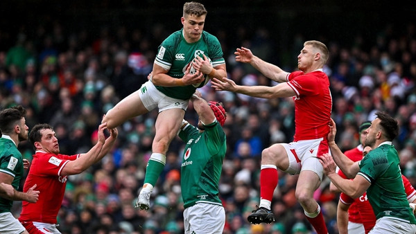 Garry Ringrose soars high in a lineout at the Aviva on Saturday