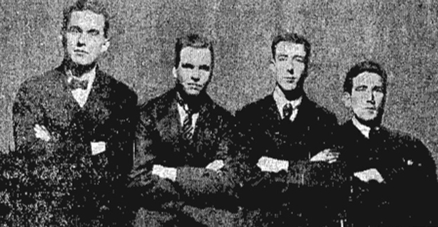 Some of the released prisoners. Left to right: Patrick Dolan, Patrick Lou, James Walsh and T. O'Brien Photo: Freeman's Journal, 16 February 1922