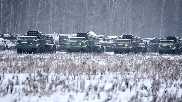 A video screen grab shows BM-27 Uragan (9P140) self-propelled multiple rocket launcher systems and BMP-2 amphibious infantry fighting vehicles