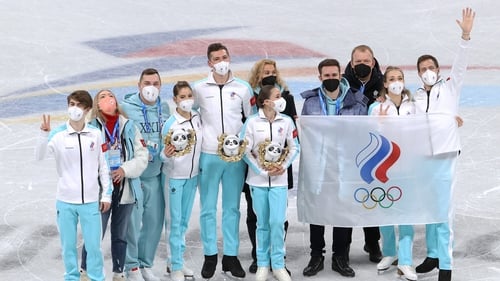 Team Russia celebrates after the figure skating team event at the 2022 Beijing Games
