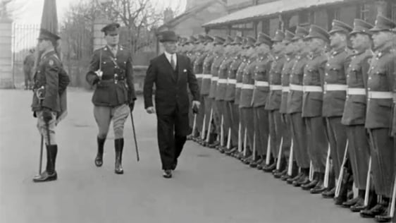 The Minister for Defence Gerald Bartley inspects a guard of honour at Cathal Brugha Barracks in Dublin, 1962.