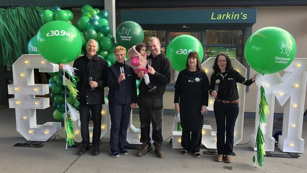 Celebrations at Larkin's Gala Service Station in Ballina after selling the €30 million lotto ticket