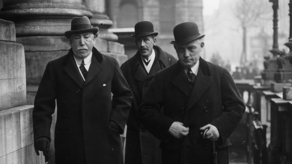 1st February 1922: James Craig, Colonel Spencer and Captain Nixon attend a conference with Michael Collins at City Hall, Dublin. Photo: Walshe/Topical Press Agency/Getty Images