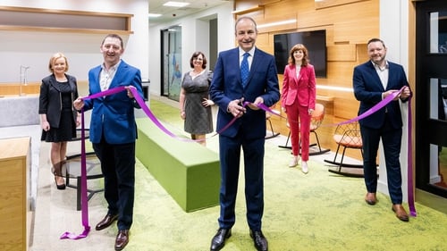 Nora Clancy, Director of Compliance and Audit at TELUS; Roger Clancy, VP of Operations & General Manager; Daniela Illuminati, Director of Operations & Site Lead; Taoiseach Micheál Martin; Miriam Manning, HR Director and Tony Barry, VP of Finance at TELUS