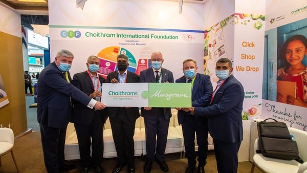 Musgraves' Liam Hyland, Kirti Meghnani from Choitrams, Rajiv Warrier, CEO Choitrams, Brendan Gleeson, Secretary General at the Dept of Agriculture, Food and the Marine, Noel Keeley, CEO of Musgrave and Ashutosh Arun Chakradeo, Head of Retail Choitrams