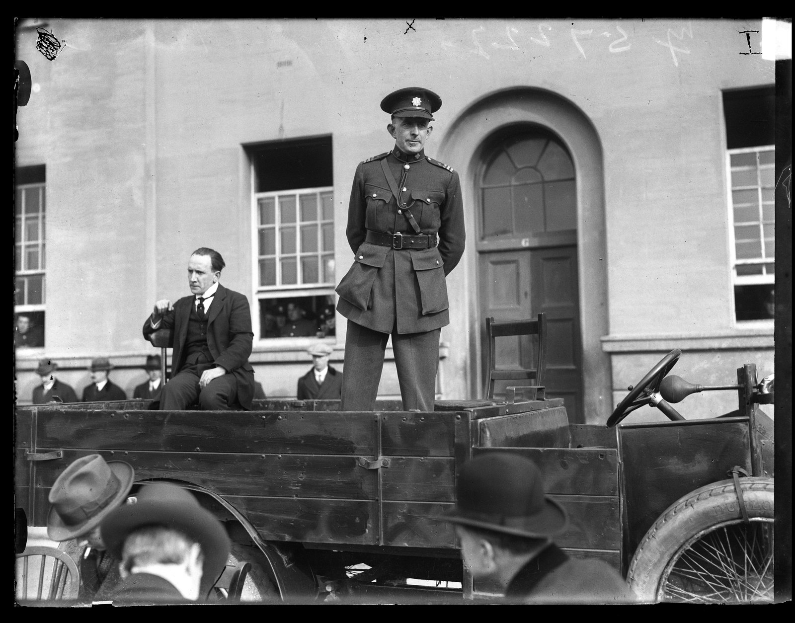 Image - 'You are going out unarmed into a hostile area. You are the first to be sent out. You may be murdered.' General O'Duffy addresses Civic Guards just before their dispersal to stations. Image: National Library of Ireland