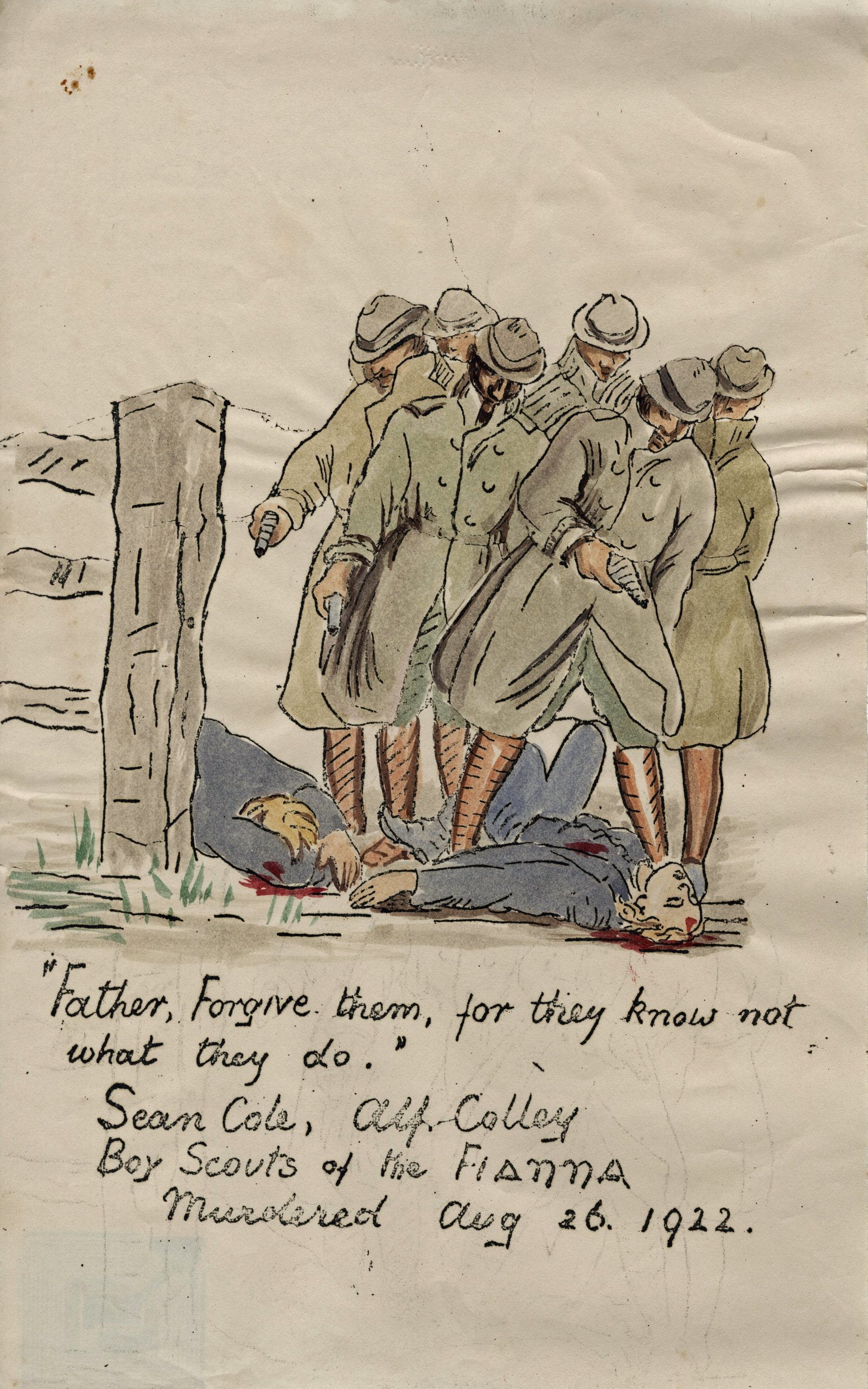 Image - Drawing by Constance Markievicz depicting the aftermath of two notorious killings of Republican activists by men, CID or army from Oriel House. Image: Dublin City Libraries and Archives
