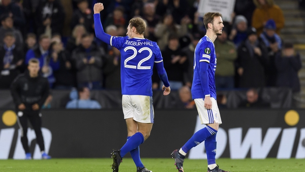 Kiernan Dewsbury-Hall celebrates after scoring Leicester City's fourth goal