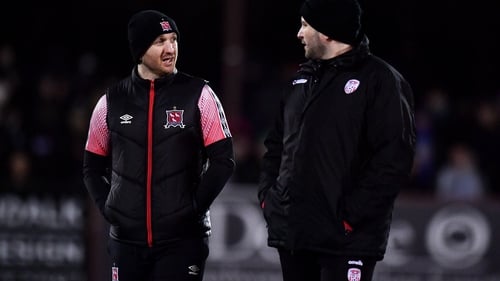 Dundalk head coach Stephen O'Donnell, left, and Derry City manager Ruaidhrí Higgins at Oriel Park.