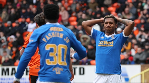 Alfredo Morelos reacting to one of the chances Rangers missed