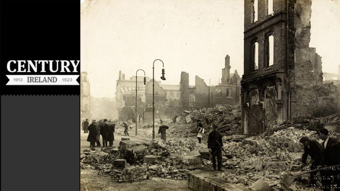 Century Ireland Issue 225 - The devastation left after the burning of Cork City in December 1920 by British Crown forces Photo: NLI, Hogan-Wilson Collection, HOGW 153 courtesy of the National Library of Ireland