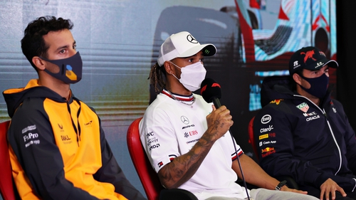 Lewis Hamilton, Daniel Ricciardo and Sergio Perez during the media session on day one of F1 testing