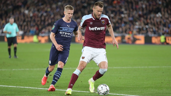 Manchester City's Oleksandr Zinchenko, left, and West Ham's Andriy Yarmolenko during last year October's Premier League clash between the two clubs