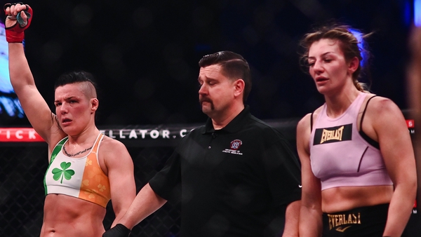 Sinead Kavanagh, left, is declared victorious over Leah McCourt after their women's featherweight bout at Bellator 275