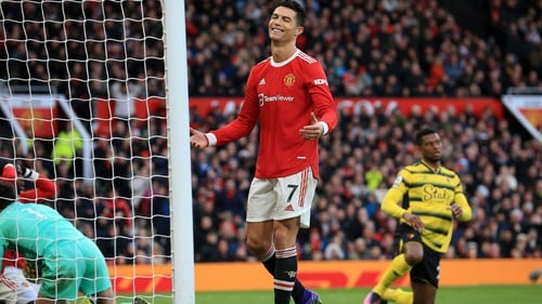 Ronaldo reacts after missing a goal opportunity against Watford