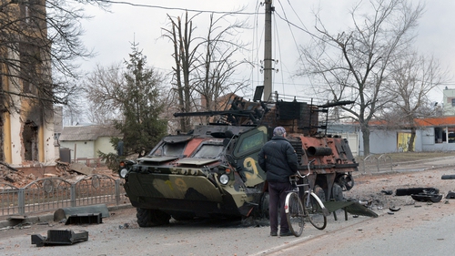 A Ukrainian armored personnel carrier is destroyed close to the centre of Kharkiv