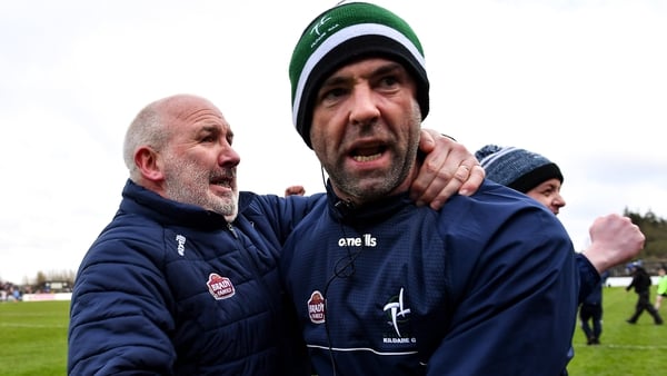 Kildare manager Glenn Ryan (L) and selector Dermot Earley celebrate after beating Dublin