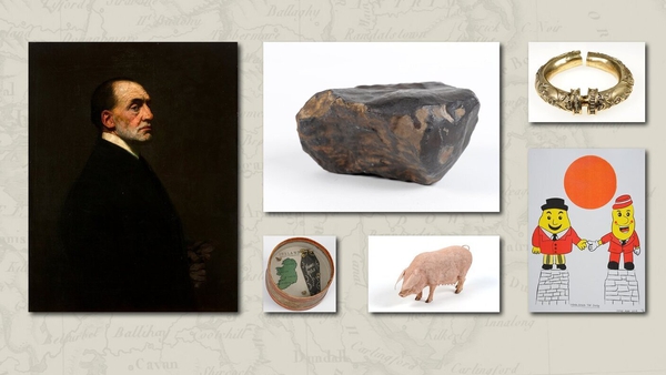 Some of the artefacts (clockwise): Portrait of Edward Carson (1911) by Robert MacCameron, The Crumlin Meteorite, Replica of the Broighter Torc, Home Rule Game, Large White Ulster Pig Model, Hands Across the Divide (2019) by James Ashe.
