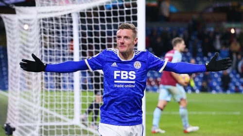 Jamie Vardy of Leicester City celebrates after scoring his team's second goal