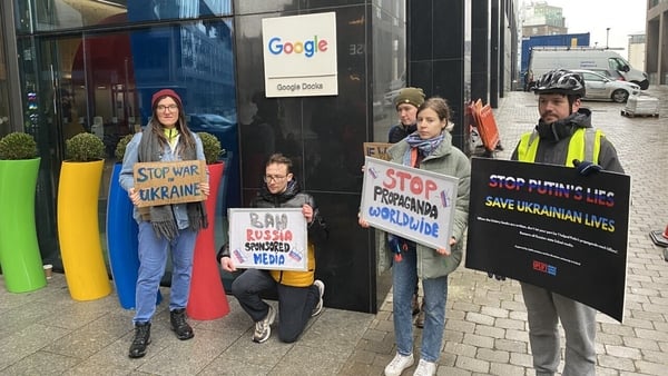 Protesters called social media giants to remove Russian state-backed accounts in order to stop the spread of disinformation