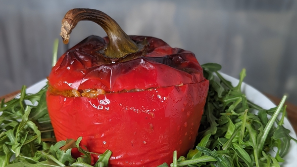 Max Bagaglini's baked bell peppers filled with risotto, aubergines and courgettes