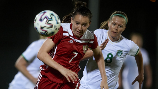 Goalscorer Elizaveta Lazareva of Russia and Ireland's Ruesha Littlejohn during their friendly tie in La Manga last month.