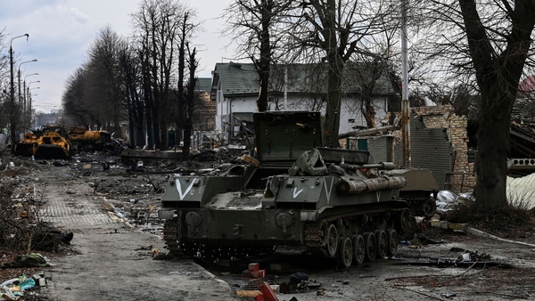Destroyed Russian vehicles in the city of Bucha, west of Kyiv. Photo: Getty Images