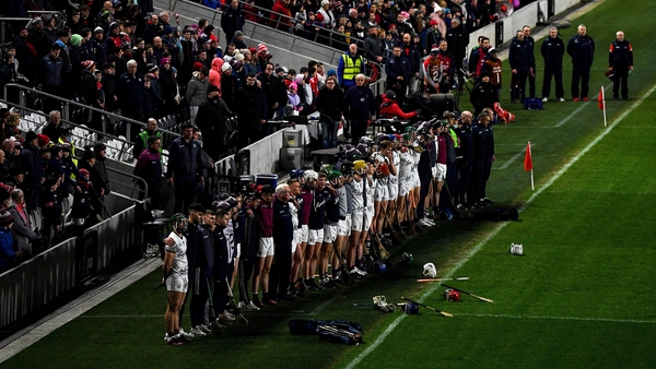 Galway players and managment stand together to observe a minute's silence for the late Paul Shefflin