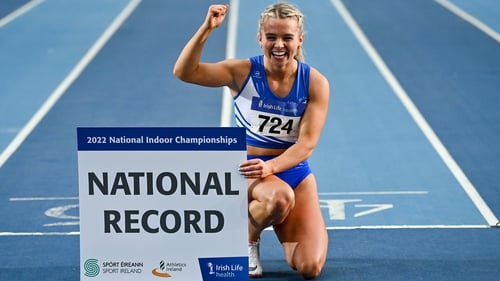 Molly Scott of St Laurence O'Toole AC, Carlow, celebrates winning the senior women's 60m final in a national record time of 7.19 seconds last month