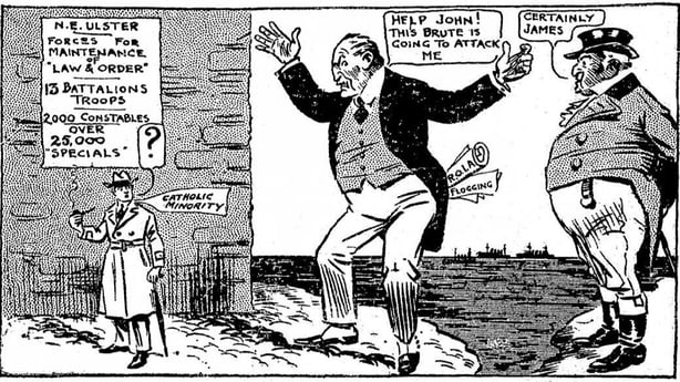 Century Ireland 226 -  Cartoon showing James Craig and his reaction to the perceived threat from Catholics in Ulster Photo: Sunday Independent, 26 March 1922