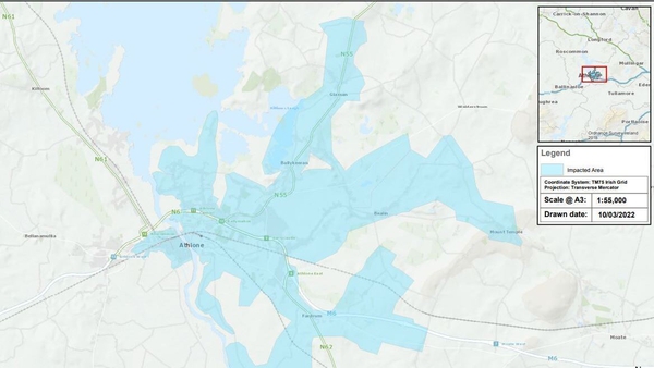 Areas impacted include Athlone town, West Side, Baylough, Coosan, Baylin, Creve, Mount Temple, Glasson, Tubberclare, The Ories, Garrycastle, Ardnaglug, Fardrum, Moydrum, Blyry, Killyon Hill, Bonavalley and Athlone