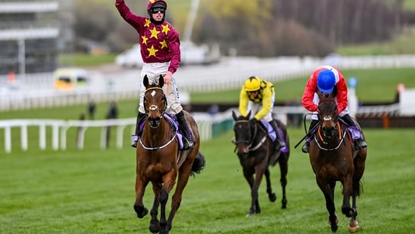Jack Kennedy on Minella Indo celebrates as he crosses the line to win the 2021 Gold Cup