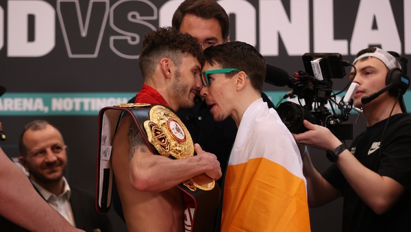 Leigh Wood and Michael Conlan (R) clashed at Friday's weigh-in
