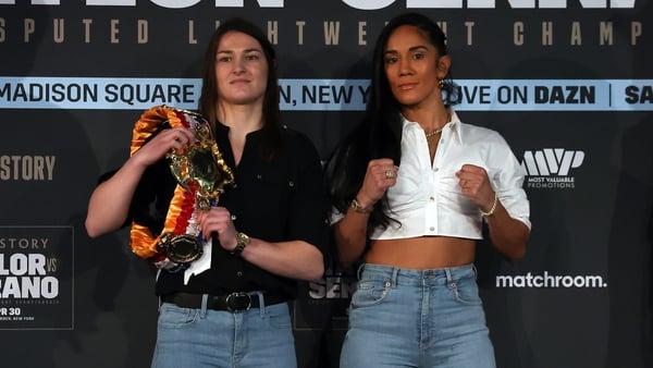 Katie Taylor and Amanda Serrano pose for pictures during the media tour ahead of the fight