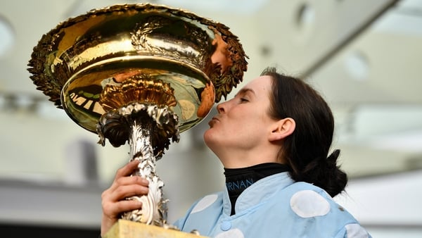 Rachael Blackmore celebrates with the Champion Hurdle Trophy