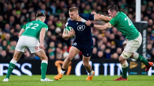Scottish centre Chris Harris goes on the charge on his last Six Nations visit to Dublin in 2020