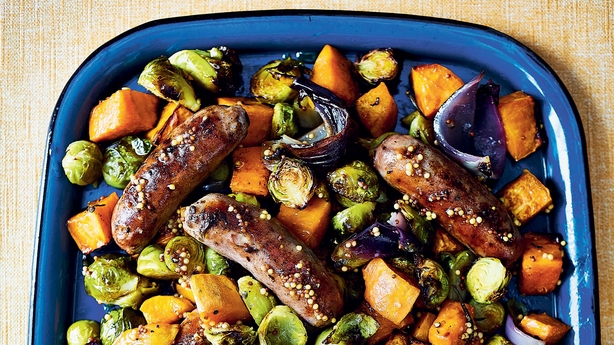 Sausage, sweet potato and mustard traybake