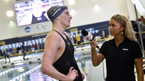 Lia Thomas is interviewed at the McAuley Aquatic Center on the campus of the Georgia Institute of Technology