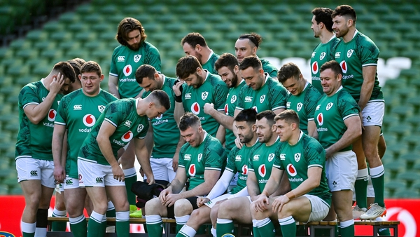 Ireland's matchday squad prepare for their team photo at yesterday's captain's run