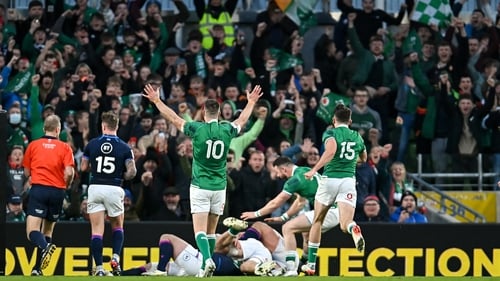 Ireland celebrate the third try of the game by Josh van der Flier