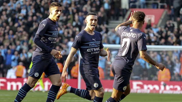 Phil Foden celebrates scoring City's third goal