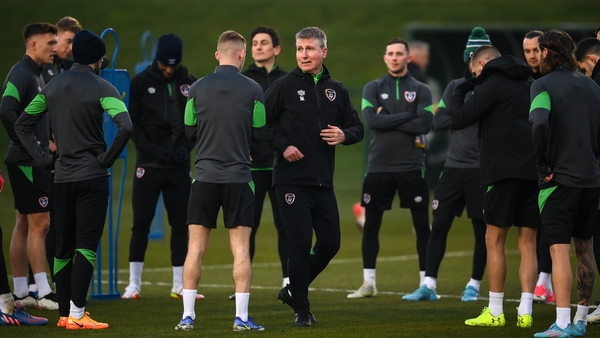 Stephen Kenny speaking to his squad at training on Monday