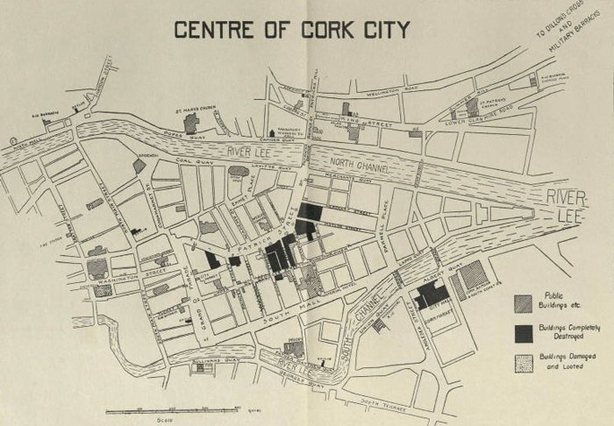 Who Burnt Cork City? Graphic from a report on the destruction of the city published by the Irish Labour Party & Trade Union Congress in 1921 Photo: Warwick Digital Collection
