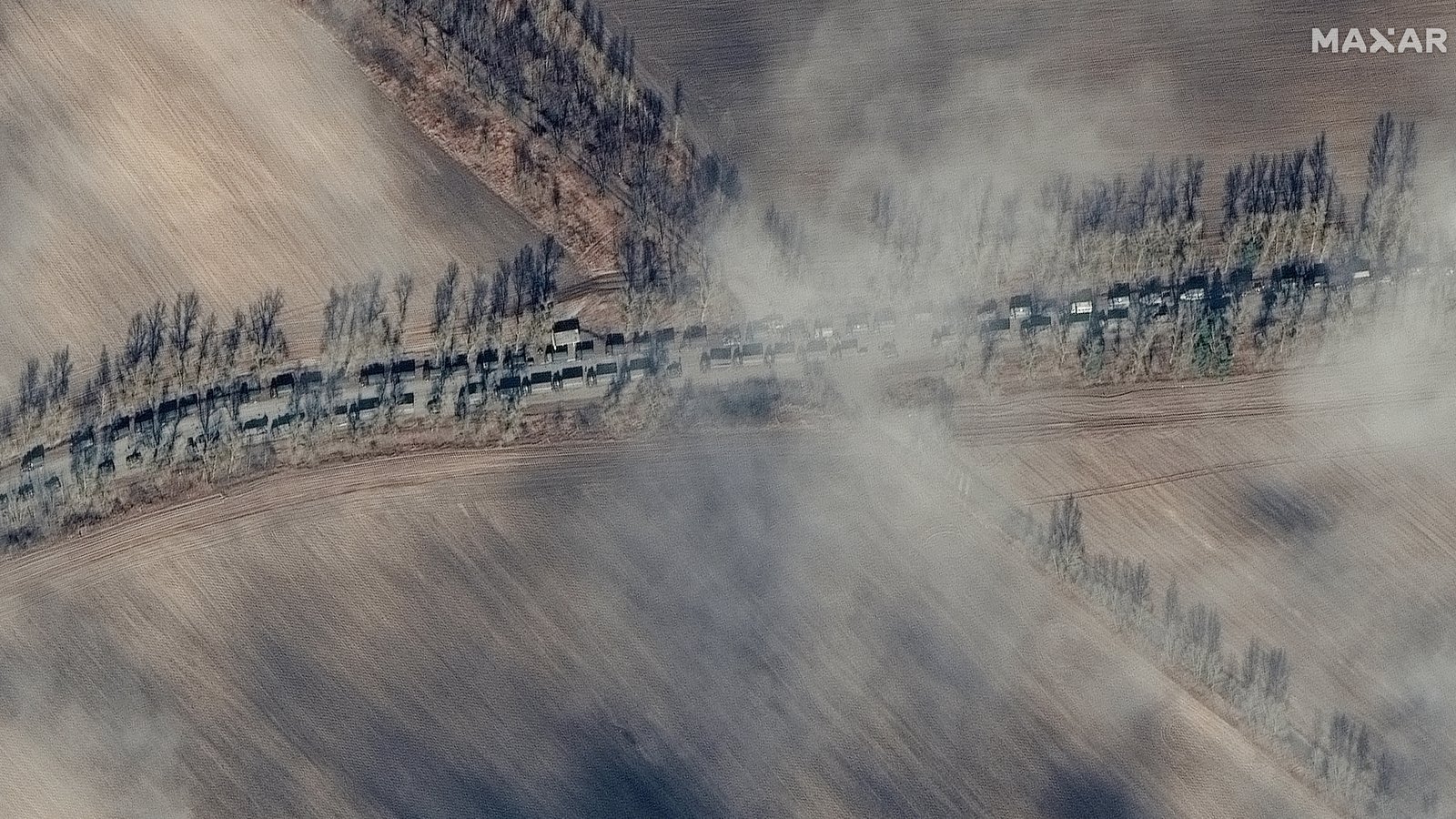 Image - Satellite imagery shows Russian armoured equipment and ground forces in a convoy in Ukraine (Pic: Maxar Technologies)