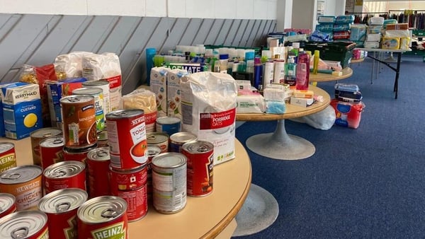 Some of the donations inside the temporary reception area at Rosslare Europort terminal