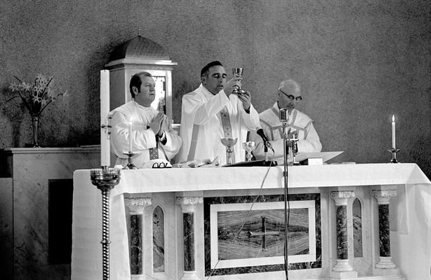 Priests offiicate during a Mass said at the launch of RTÉ Raidió na Gaeltachta, in Seipéal Mhic Dara, Carraroe, County Galway, on Easter Sunday 2 April 1972.