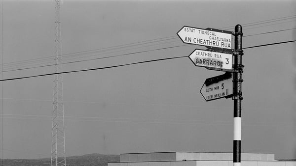 The signs point west at RTÉ Raidió na Gaeltachta's premises in Casla, Connemara in February 1972.